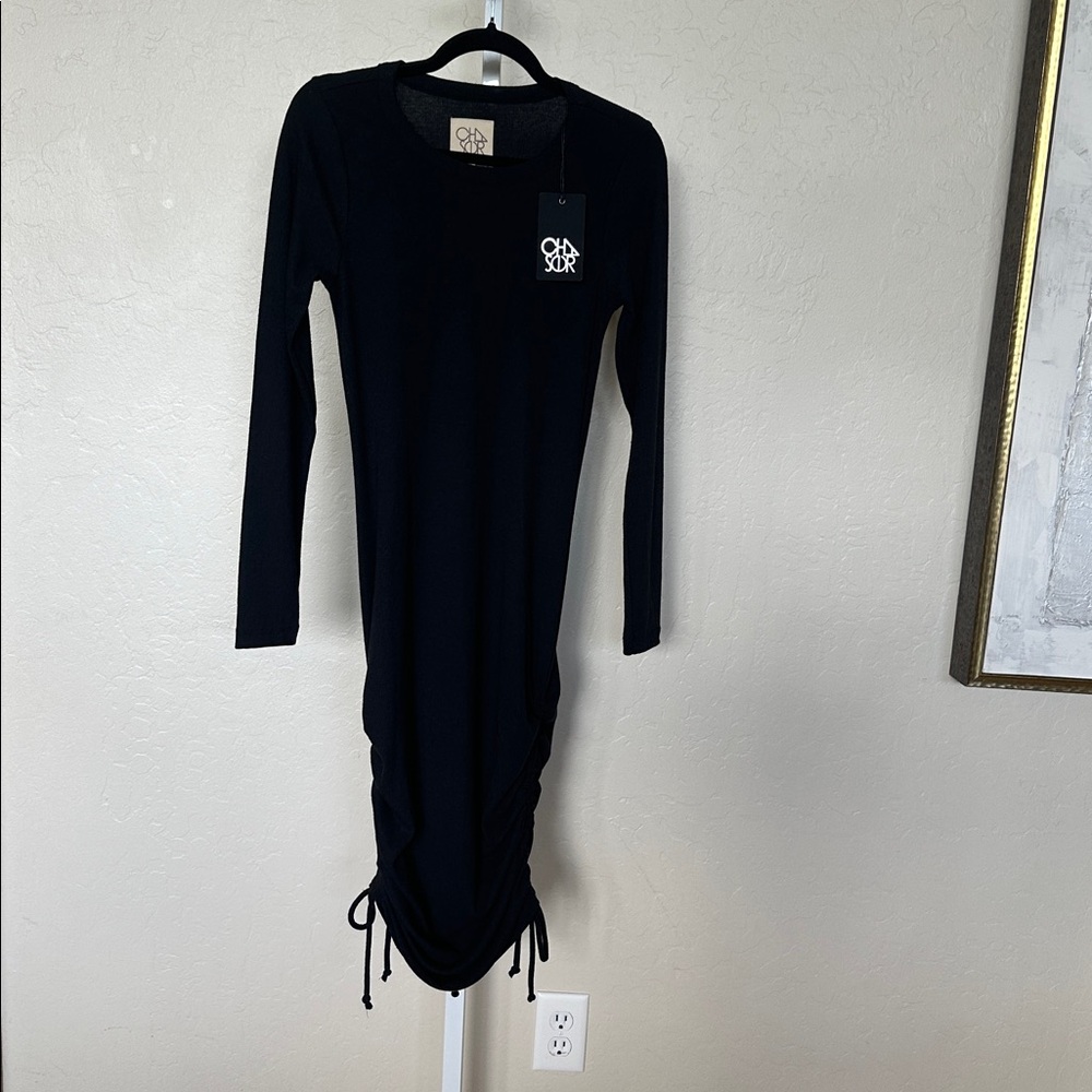 NWT Chaser small MSRP $95 Black Long Sleeve Ruched Dress